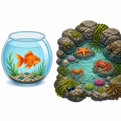 A goldfish in a bowl beside an ocean tide pool.