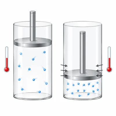 Two piston cylinders show gas compressed at constant temperature, with particles closer together after pressure increases.
