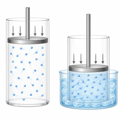 A piston cylinder shows gas volume decreasing when cooled at constant pressure.