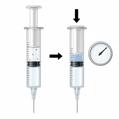 A syringe plunger compresses air, making the gas particles closer together and pressure higher.