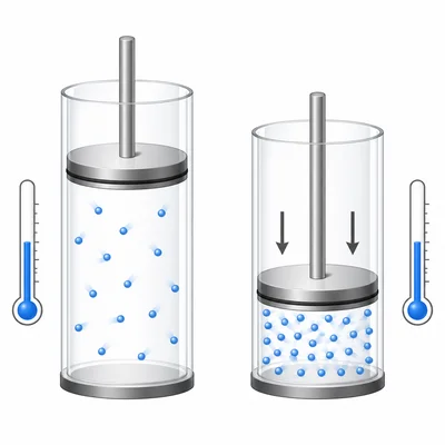 Two piston cylinders show a gas compressed to a smaller volume while temperature stays the same.