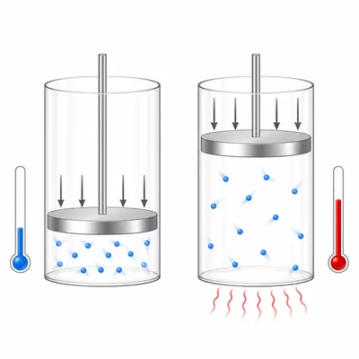 A piston cylinder shows gas expanding at constant pressure as temperature increases.