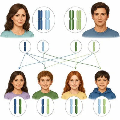 Siblings with different mixtures of parental chromosomes.