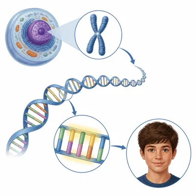 Cell, chromosome, DNA, gene segment, and trait connected visually.