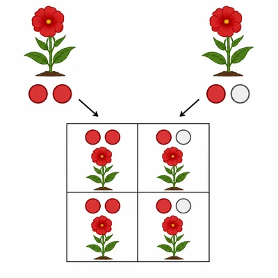 Punnett square model showing red-flowered offspring from red-flowered parents.