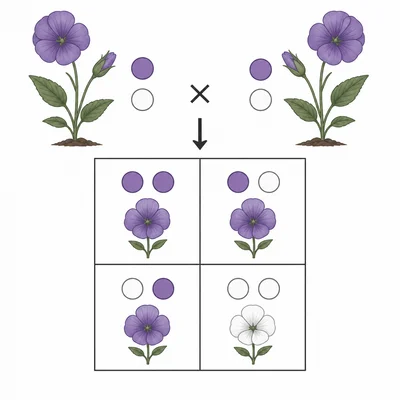 Punnett square model for two heterozygous purple-flowered plants.
