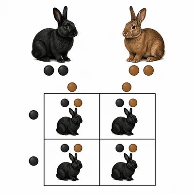 Rabbit fur-color cross showing black offspring from two homozygous parents.