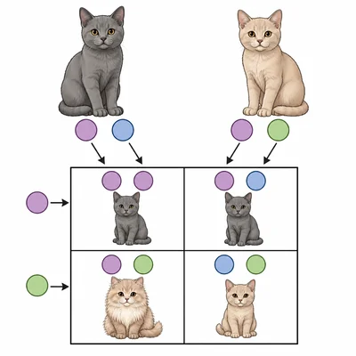 Punnett square model for two short-haired carrier cats producing a long-haired kitten possibility.