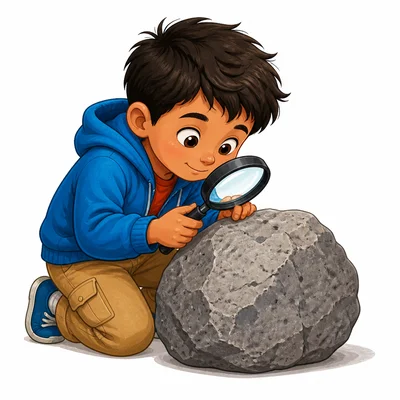A child closely observes a gray, rough rock with a magnifying glass.