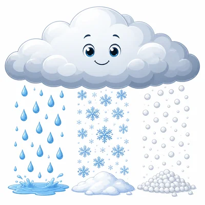 A cloud shows rain, snow, and hail falling.