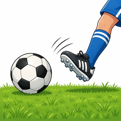A foot is about to kick a ball resting on grass.