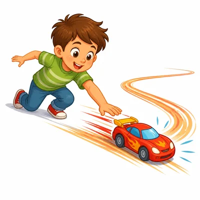A child pushes a toy car, showing stronger motion forward.