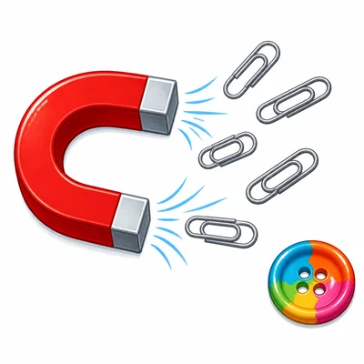 A magnet attracts paper clips but not a plastic button.