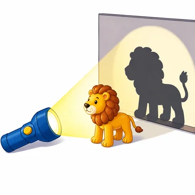 A flashlight shines on a toy and creates a shadow on a wall.