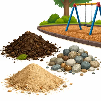 Piles of soil, pebbles, and sand sit near a playground.