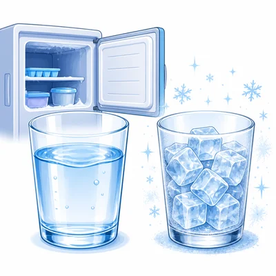 A cup of water changes into ice in a freezer.