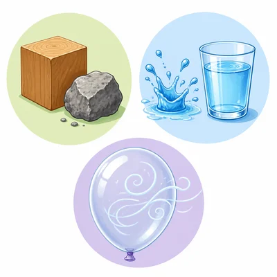 Objects represent solids, liquids, and gases, including air in a balloon.