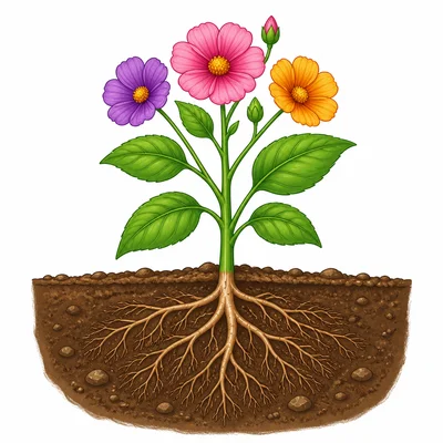 A flowering plant shows roots, stem, leaves, and flowers.