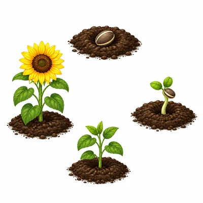Four stages of a plant life cycle: seed, sprout, young plant, and adult plant.
