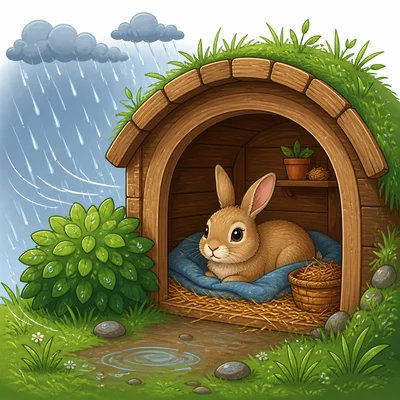 A rabbit stays safe and dry inside a shelter.