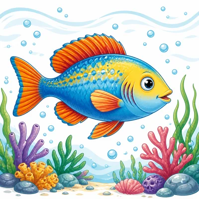 A fish swims underwater with visible fins and gills.