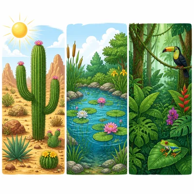 A cactus is shown with desert, pond, and rainforest habitats.