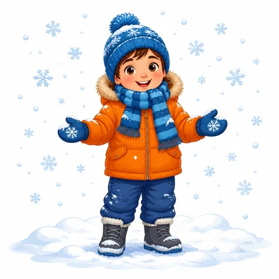 A child wears warm winter clothes in snowy weather.