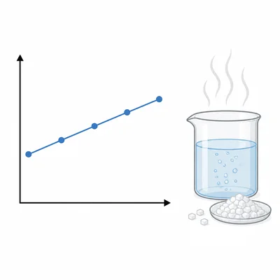 A line graph rising across five points next to a steaming saltwater beaker.