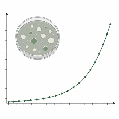 An increasing line graph beside a petri dish with bacterial colonies.