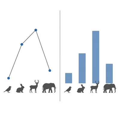 A comparison of connected categorical points and a separate bar chart for animal heart rates.