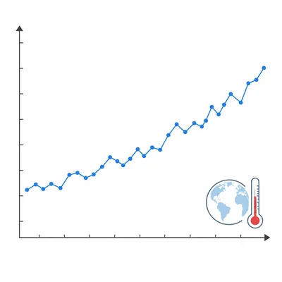 A long-term line graph with a rising temperature trend beside a globe.