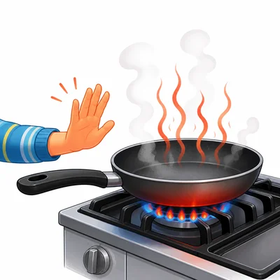A hot pan on a stove with a hand staying away.