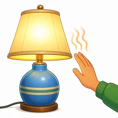 A hand feeling warmth near a glowing lamp.
