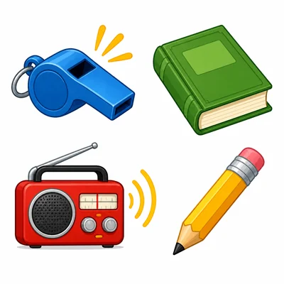 A whistle, book, radio, and pencil, with sound waves from the whistle and radio.