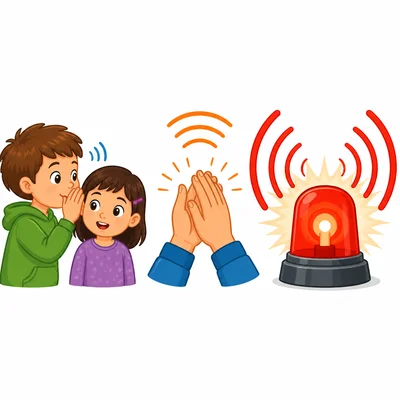 A whisper, a clap, and a siren shown with increasing sound waves.