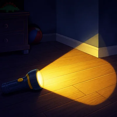 A flashlight shining light in a dark room.