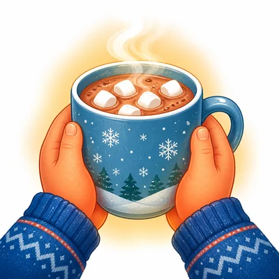 Hands holding a warm mug of hot cocoa.