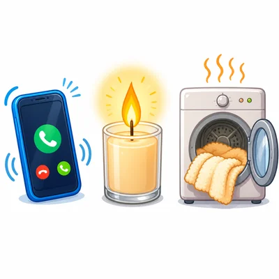 A ringing phone, a lit candle, and a warm blanket in a dryer.
