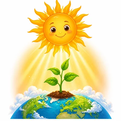 The Sun shining on Earth and helping a plant grow.