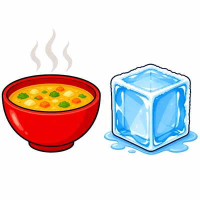 A steaming bowl of soup next to an ice cube.
