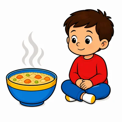 A child waits while hot food cools.