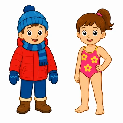 A child in winter clothes next to a child in a swimsuit.