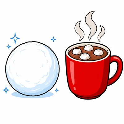 A snowball next to a steaming mug of hot cocoa.