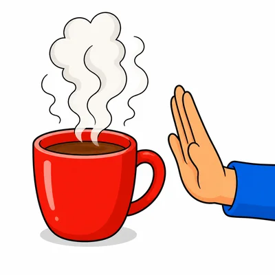 A steaming cup with a hand nearby, not touching it.
