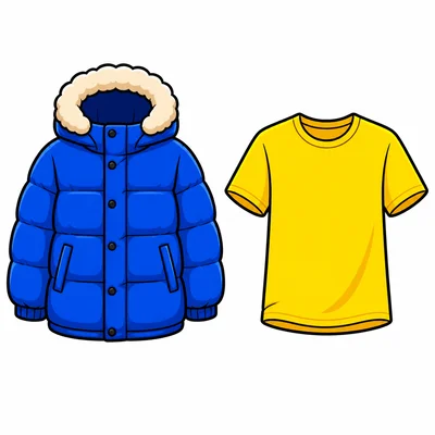 A thick winter coat next to a light T-shirt.
