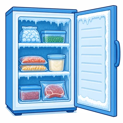 An open icy freezer.