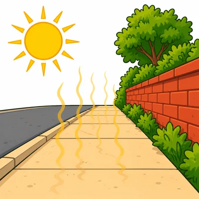A sidewalk in bright sun with heat waves.