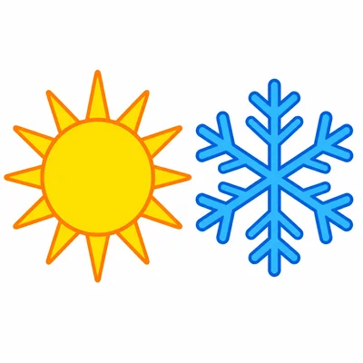 A sun next to a snowflake.