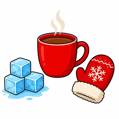 A warm drink with ice cubes and a mitten nearby.