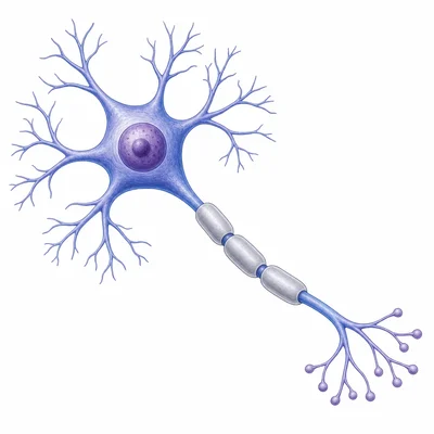 A single neuron with branching dendrites, a cell body, and a long axon.